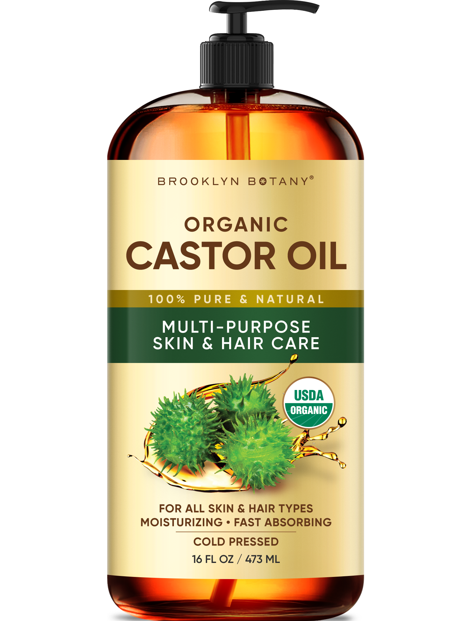 Brooklyn Botany Cold-Pressed Organic Castor Oil | for Hair, Skin and Face | 16 Fl Oz | 100% Pure and Natural | Carrier Oil for Essential Oils, Aromatherapy and Massage | Hexane Free