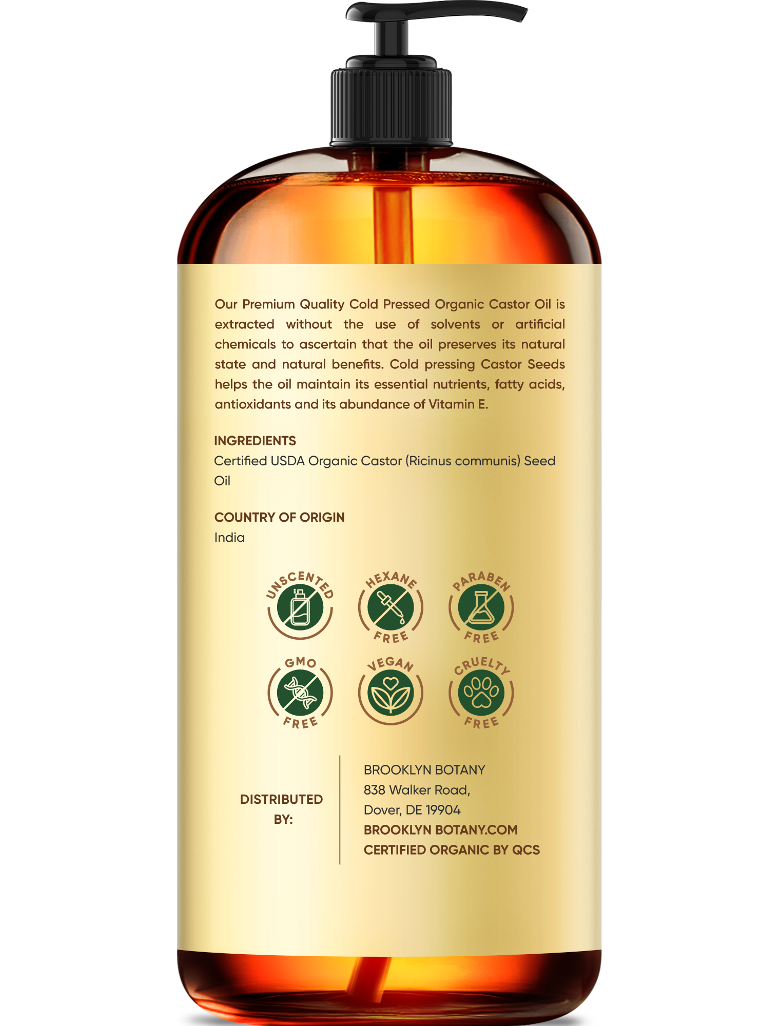 Brooklyn Botany Cold-Pressed Organic Castor Oil | for Hair, Skin and Face | 16 Fl Oz | 100% Pure and Natural | Carrier Oil for Essential Oils, Aromatherapy and Massage | Hexane Free
