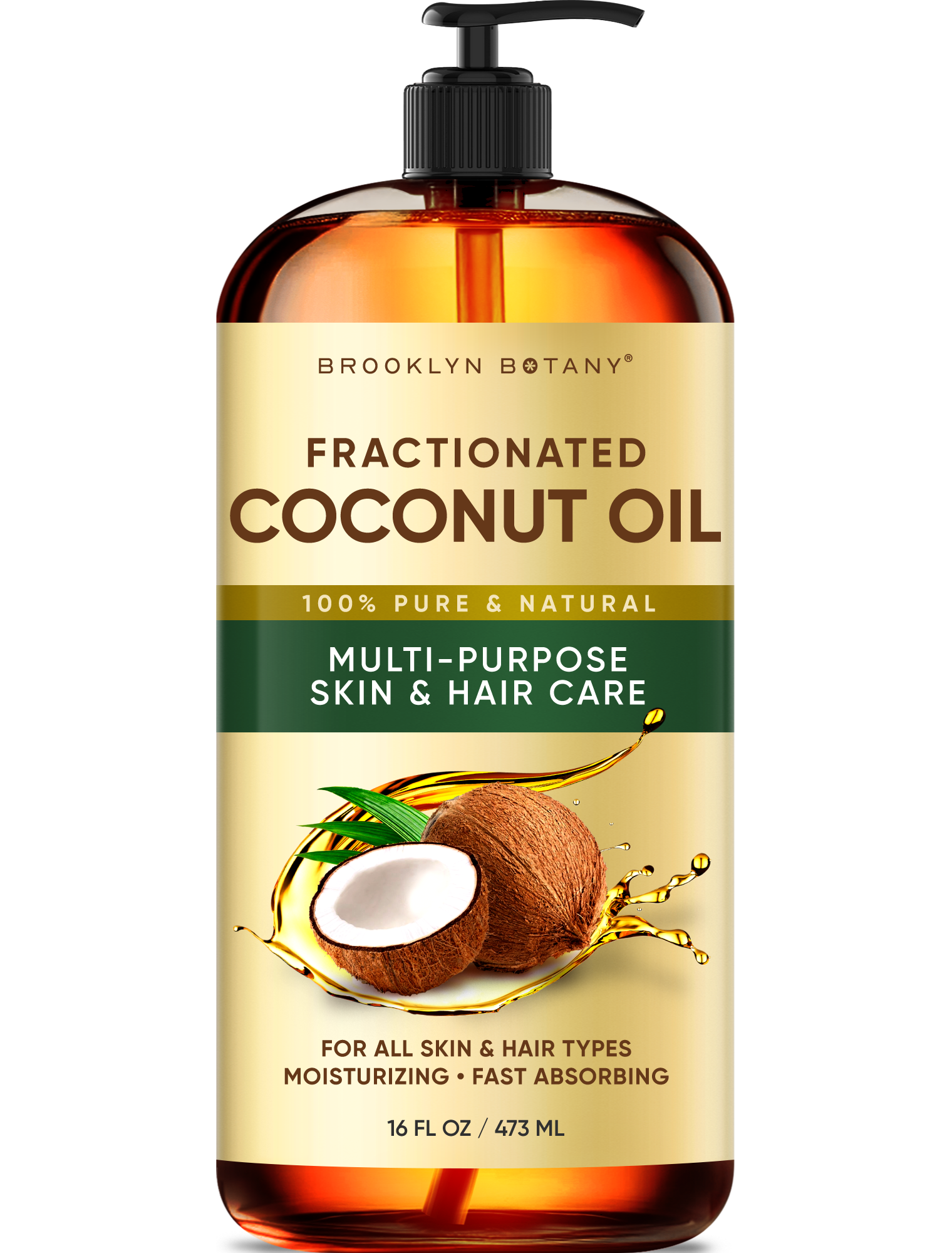 Brooklyn Botany Fractionated Coconut Oil | for Skin, Hair and Face | 16 Fl Oz | 100% Pure and Natural | Carrier Oil for Essential Oils, Aromatherapy and Massage | Hexane Free