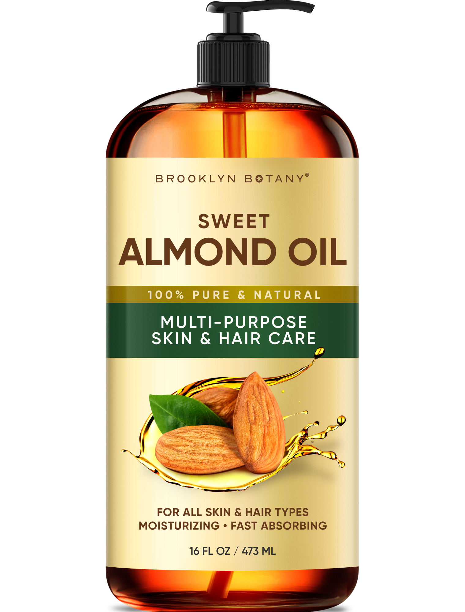 Brooklyn Botany Sweet Almond Oil | for Skin, Hair and Face | 16 Fl Oz | 100% Pure and Natural | Carrier Oil for Essential Oils, Aromatherapy and Massage | Hexane Free